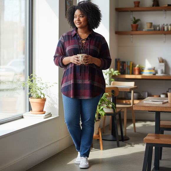 Lane Bryant Plaid Flannel Lace Up Top Womens Size 18/20 Multicolor Grommets 2X - Picture 9 of 9